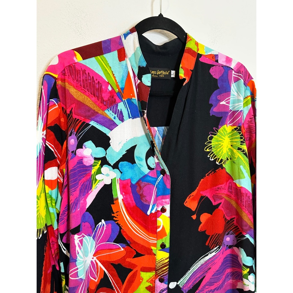Jams World Hawaii Button Up Shirt Size L Black Floral Caviar Print 3/4 Sleeve - Picture 4 of 10
